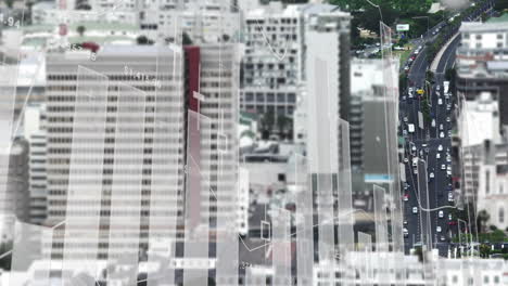 financial data and stock market animation over cityscape with tall buildings