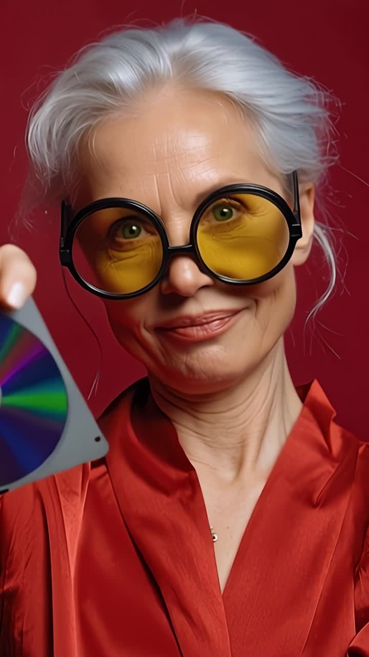 Una donna moderna in stile chic: una modella elegante che mette in mostra occhiali audaci e un outfit alla moda su uno sfondo rosso sorprendente, che enfatizza fiducia ed eleganza.