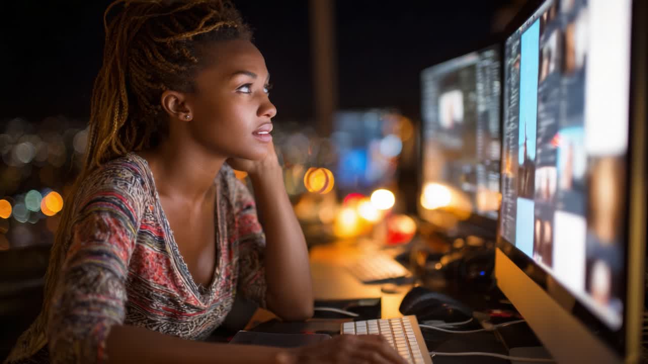Deep in Thought: A Creative Individual Analyzing Digital Content on Dual Monitors at Night, Illuminated by the City Lights Outside