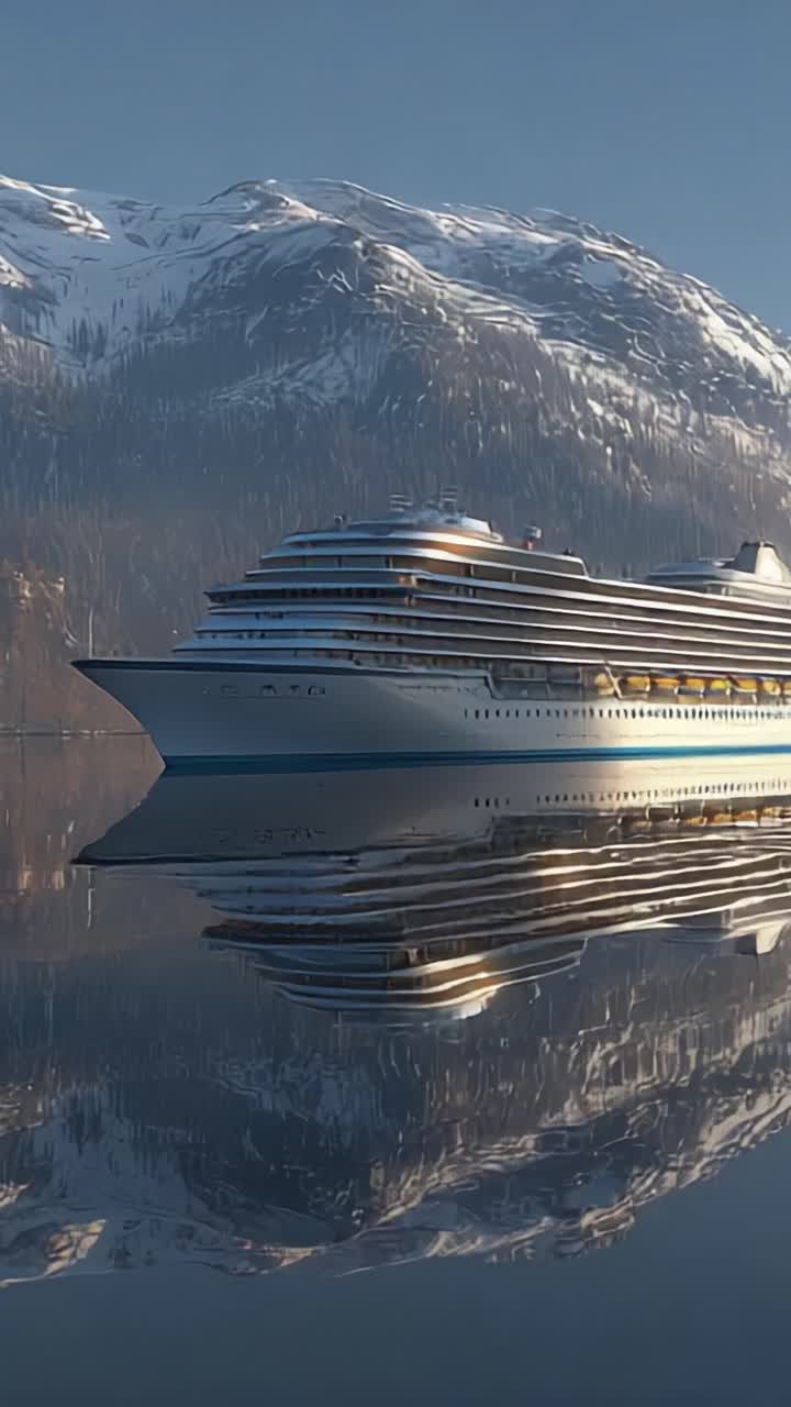 Una maestosa nave da crociera scivola su acque serene tra montagne innevate, creando un riflesso mozzafiato catturato dalla luce del primo mattino