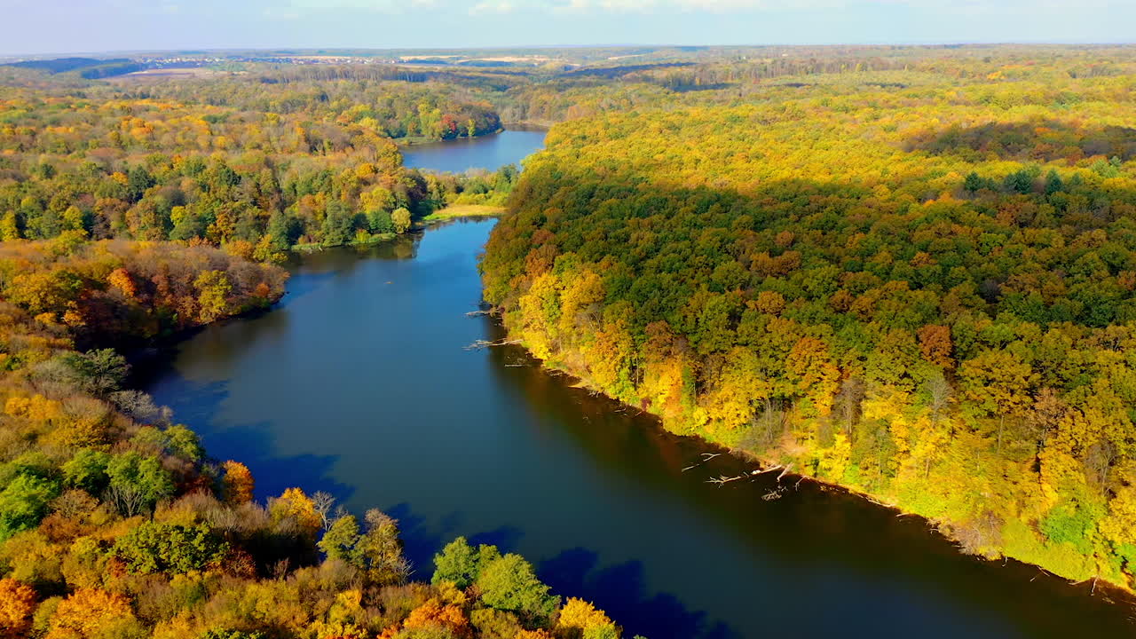 Autumn Forest Landscape with River and Lake