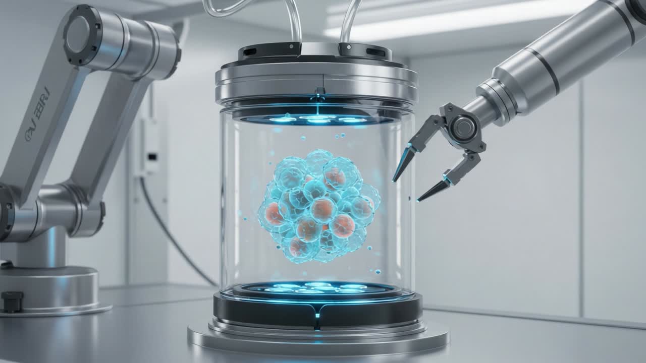 A Sophisticated Robotic Arm Manipulates a Transparent Container Holding a 3D Molecular Structure in a High-Tech Laboratory Setting, Showcasing Advanced Scientific Exploration