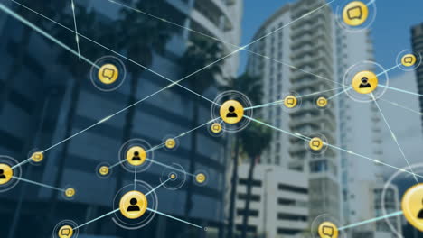 animación de la red de conexiones con iconos sobre el paisaje urbano