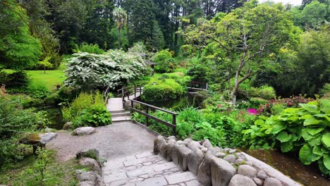 japanese garden in powerscourt wicklow path leads to bridge over pond and beautiful landscape in summer