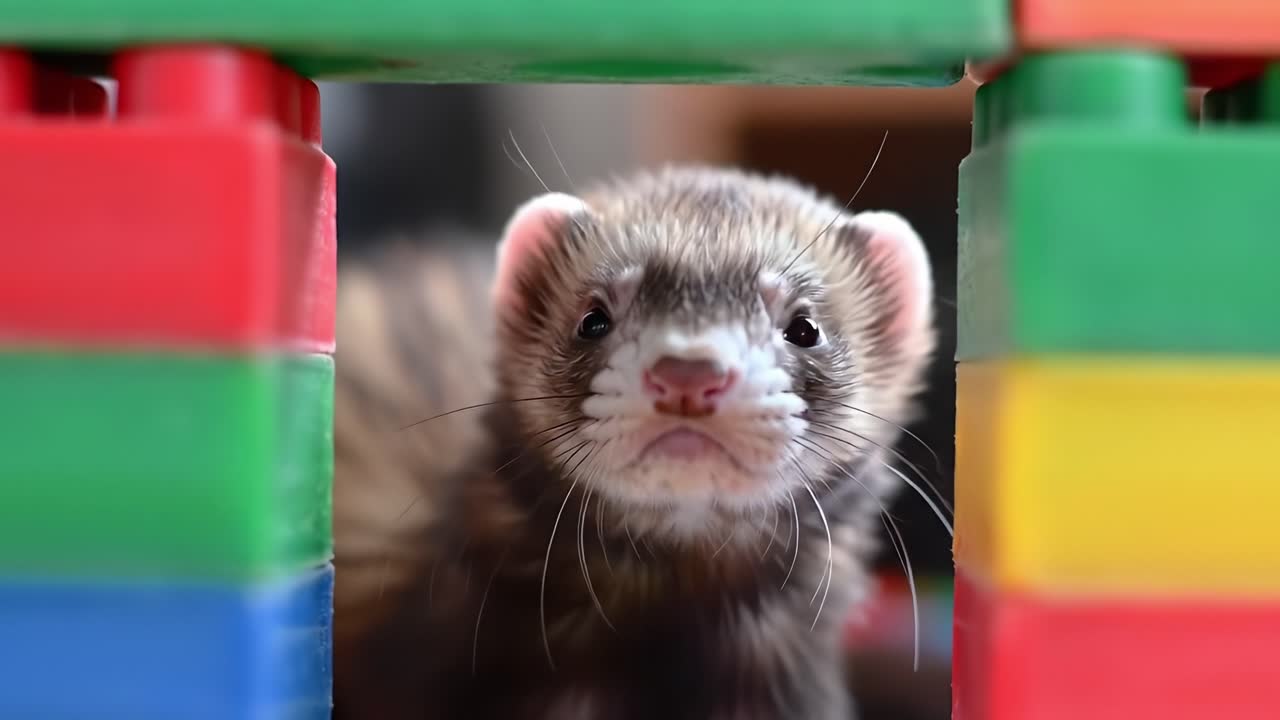 Curious Ferret Exploring Through Colorful Blocks: A Playful Adventure of a Mischievous Pet in a Vibrant Environment
