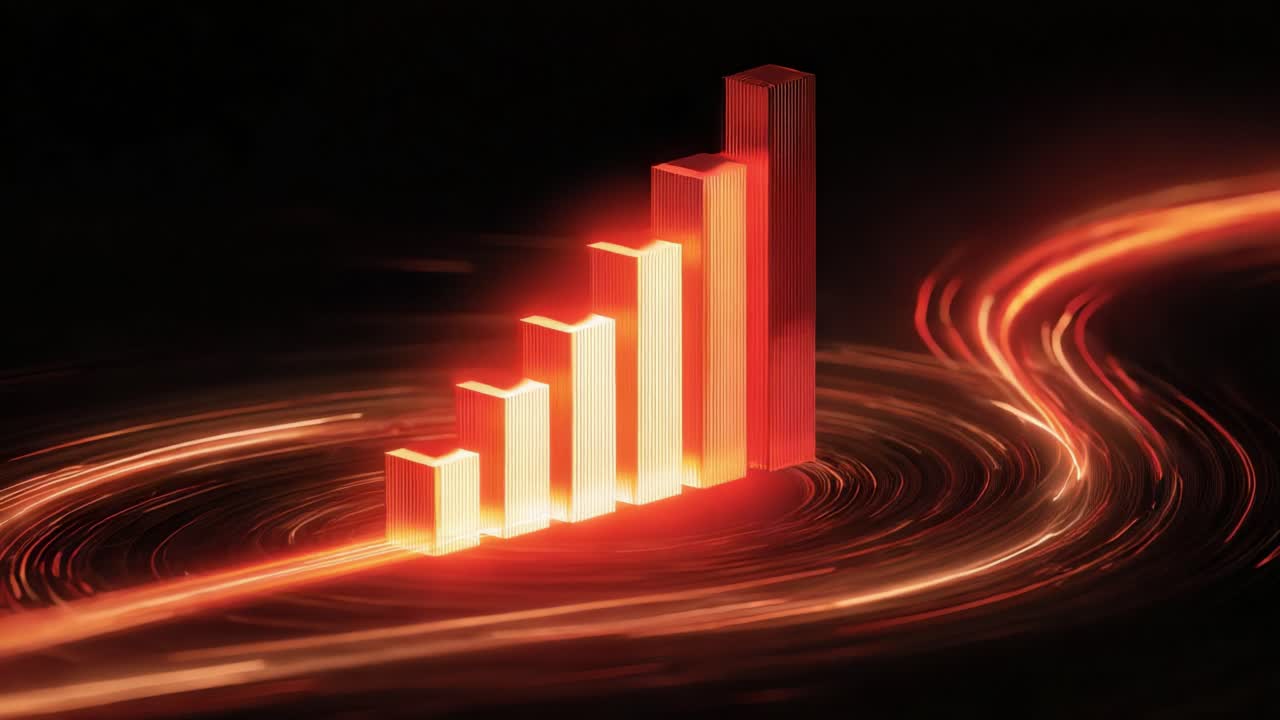 Rising red and orange financial bar chart surrounded by swirling light trails on a black background, visualizing successful data analysis, market strategy, and positive economic trends