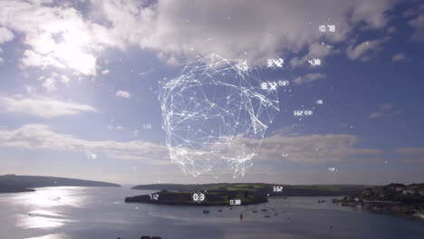 network of connections and data points animation over coastal landscape