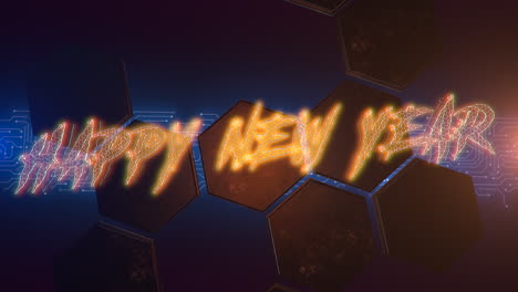 happy new year on motherboard and hexagons pattern