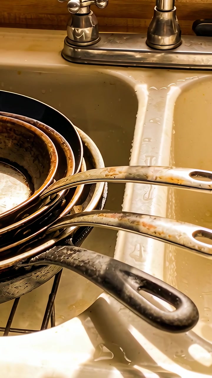 Vertical video: Camera panning to reveal stacked pans with cast-iron skillet and faucet in sink