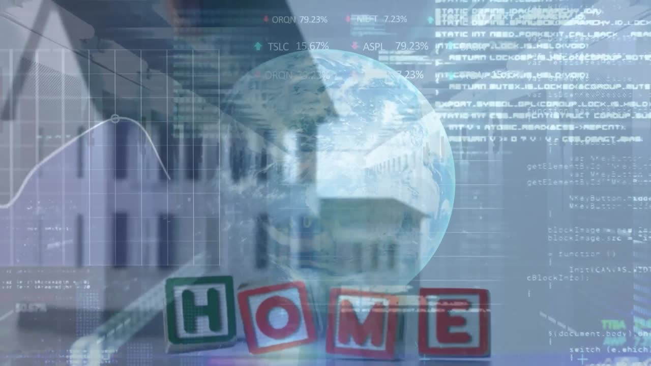 전 세계 및 데이터 처리의 애니메이션, 홈 텍스트 오버 하우스 및 서버