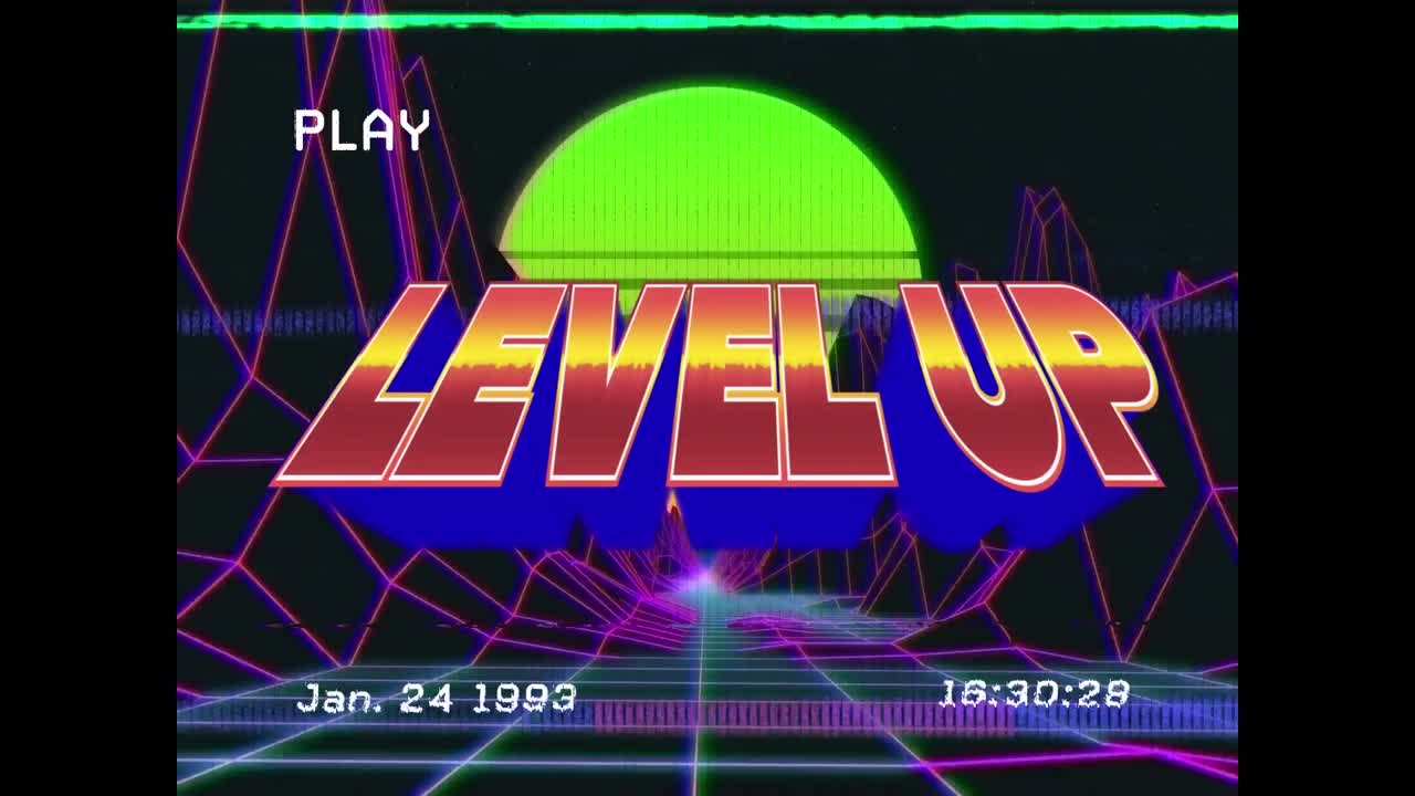 빛나는 배경 위에 레벨 업 텍스트와 디지털 인터페이스를 가진 화면의 애니메이션