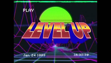 animation of screen with level up text and digital interface over glowing background