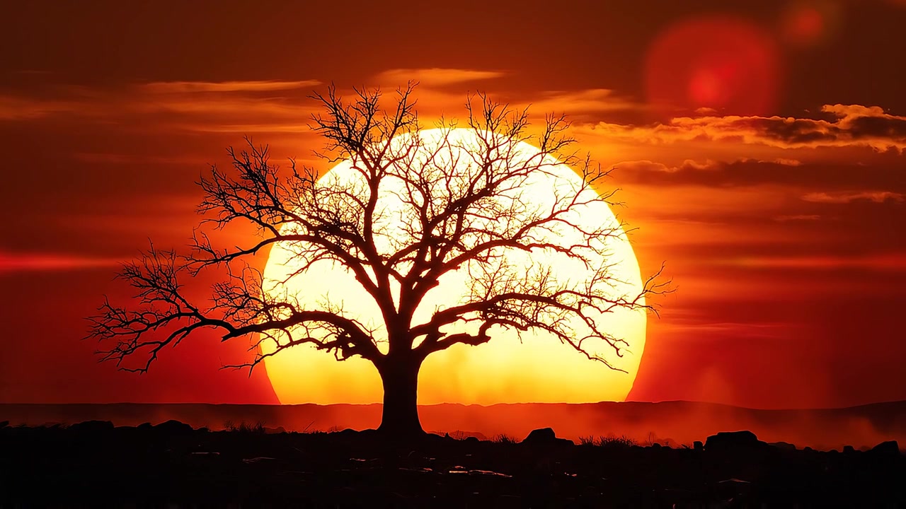 Pôr do sol dramático com a silhueta de uma árvore solitária e céu dourado