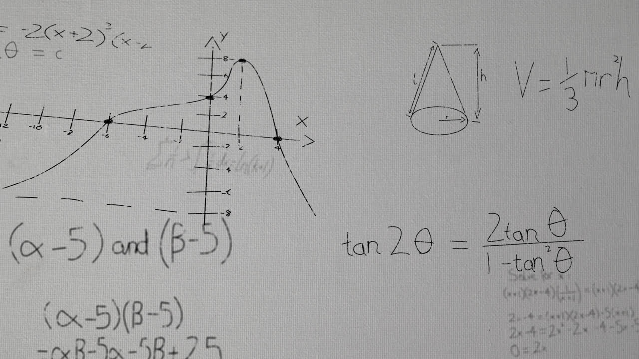 Animation of mathematical data processing over grey background