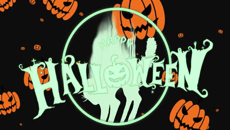 animation of happy halloween text over falling pumpkins