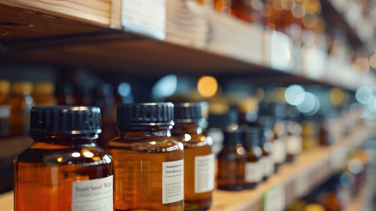 Bottles of essential oils on shelves