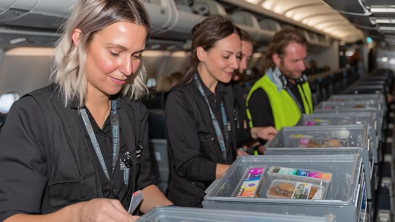Flight attendants preparing in-flight meals on an airplane before departure