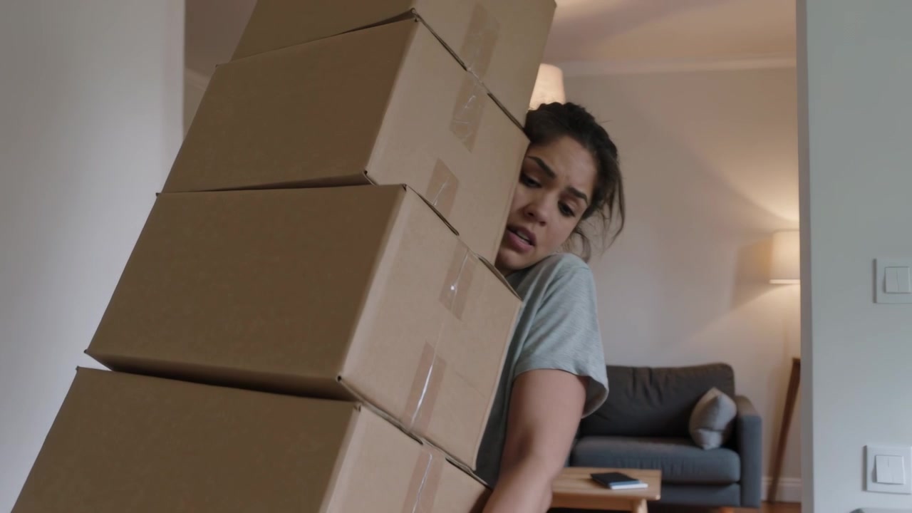 Carrying woman gray tee, dark sweats bracing boxes through doorway into living room to set down
