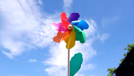 una rueda de ruedas vibrante gira contra un cielo azul.