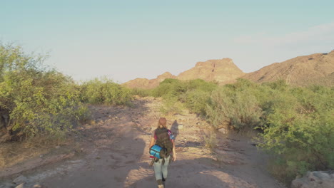 Mujer-En-Una-Caminata-Por-El-Desierto-En-Las-Montañas-En-El-árido-Paisaje-Sonorense