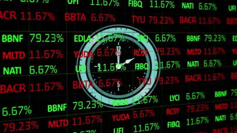 Stock-market-data-processing-against-neon-digital-clock-ticking-on-black-background