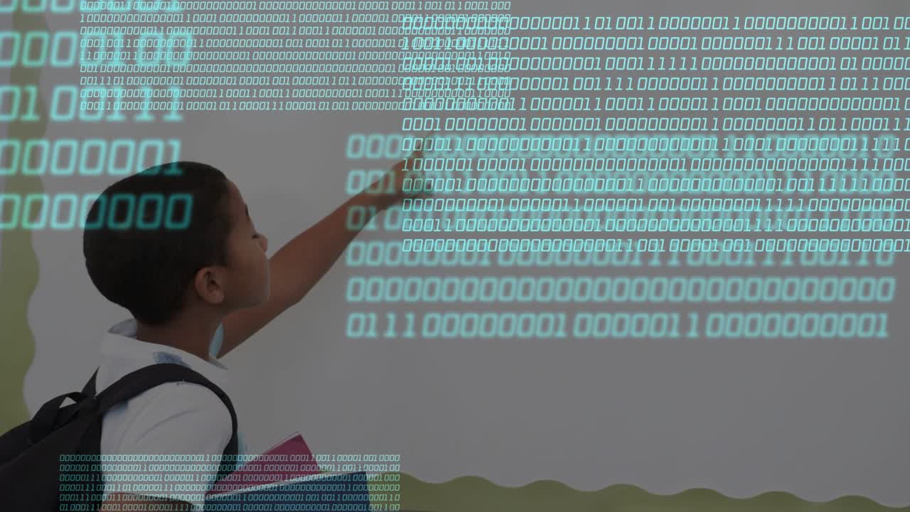 Pupil raising arm and pointing to mark school whiteboard spot, causing cyan binary overlay