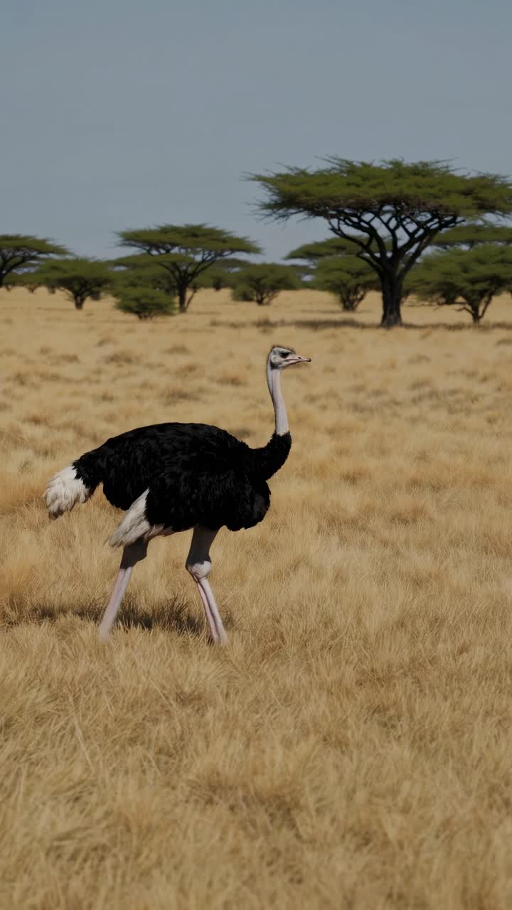 Un fotogramma di un video di uno struzzo in una savana africana, ripreso da una prospettiva dal basso