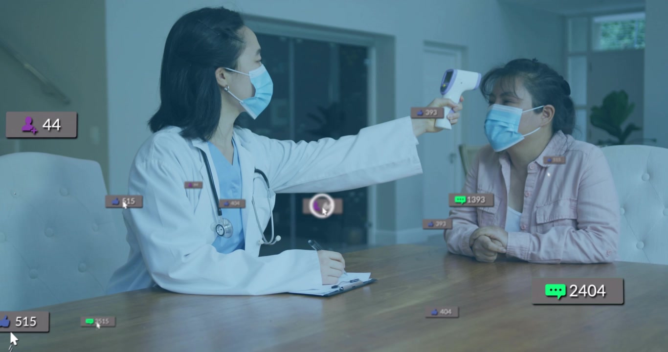 แพทย์กำลังชี้เทอร์โมมิเตอร์วัดอุณหภูมิและจดบันทึกสัญญาณชีพ ขณะที่ตัวนับกราฟิกที่ส่องประกายกำลังเพิ่มขึ้น