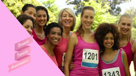 animation of breast cancer awareness text over group of smiling women