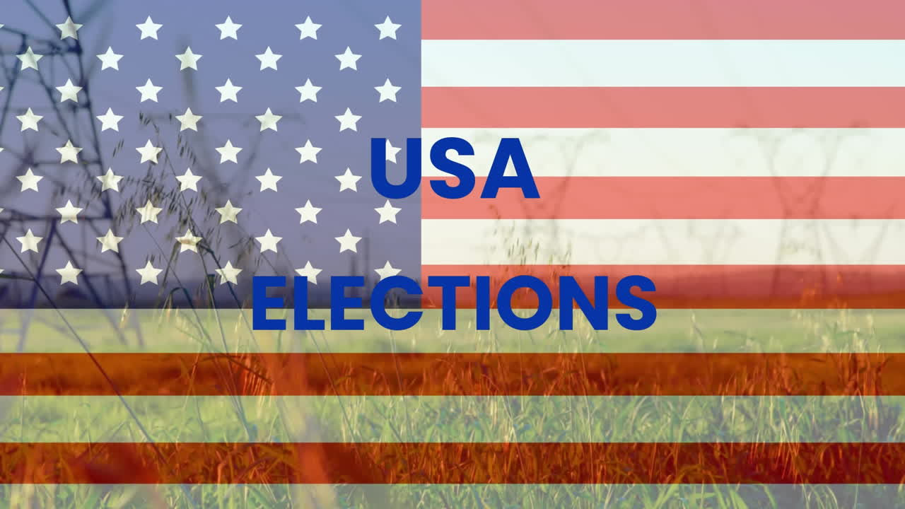 Animation of usa elections text with flag of america over grassy land