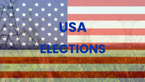 animation of usa elections text with flag of america over grassy land