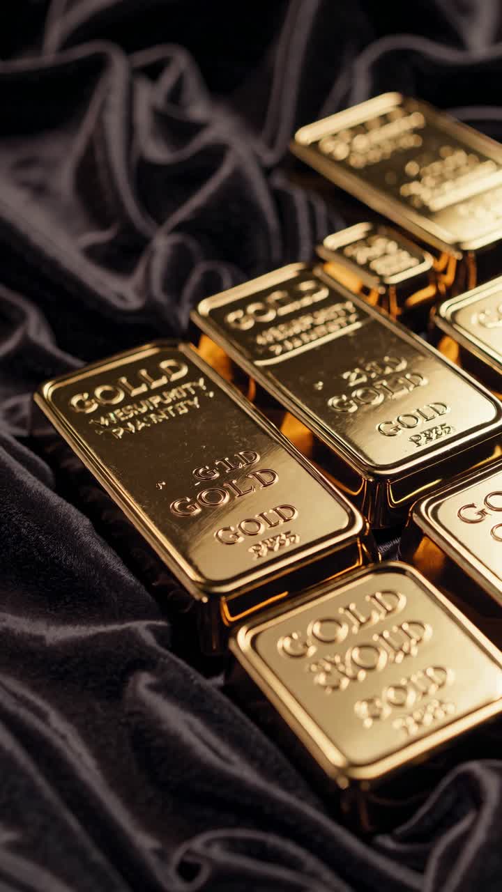 Close-up video shot of gold bars on luxurious black fabric, showcasing wealth and opulence