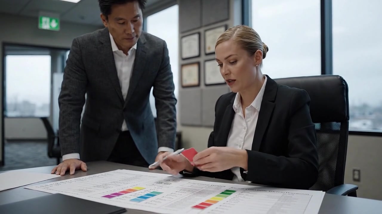 Professional Business Meeting: Two Colleagues Collaborate on Project Details with Color Charts and Plans, Showcasing Teamwork in a Modern Office Environment