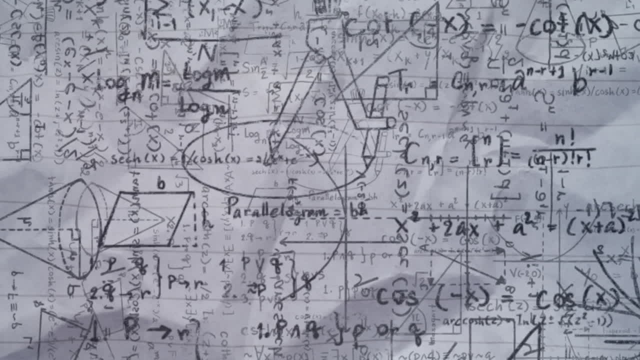 animación de ecuaciones matemáticas y diagramas flotando contra un fondo de papel con líneas blancas