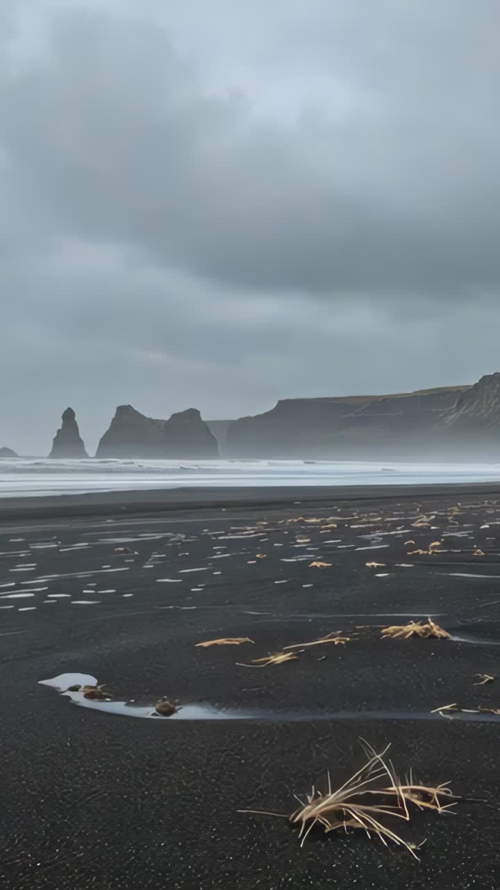 Vertical video: Recording black sand beach with waves rolling in, engulfing driftwood in fog stacks
