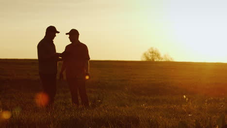 two farmer workers talk in the field and use a tablet 2