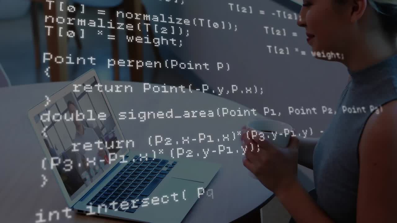 animazione dell'elaborazione dei dati su donna su videoconferenza laptop