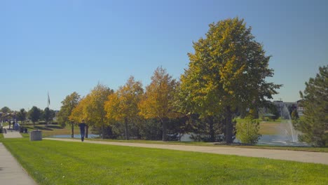 Un-Hombre-Caminando-Por-Un-Parque-De-La-Ciudad-Frente-A-Un-Estanque-Fuente