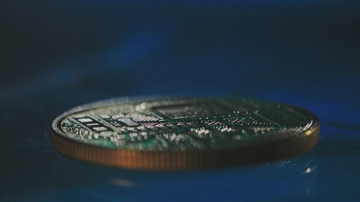 Primo piano di una moneta Bitcoin