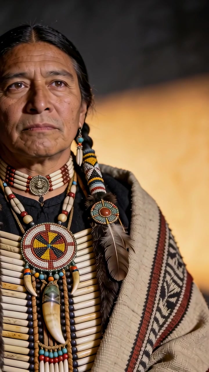 Vertikales Video: Indigener Mann posiert für ein Porträt, während die Kamera aufzeichnet, zeigt Insignien.