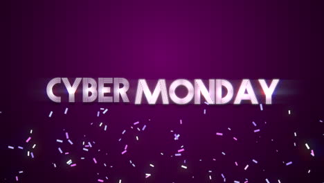 cyber monday text with flying confetti on purple gradient