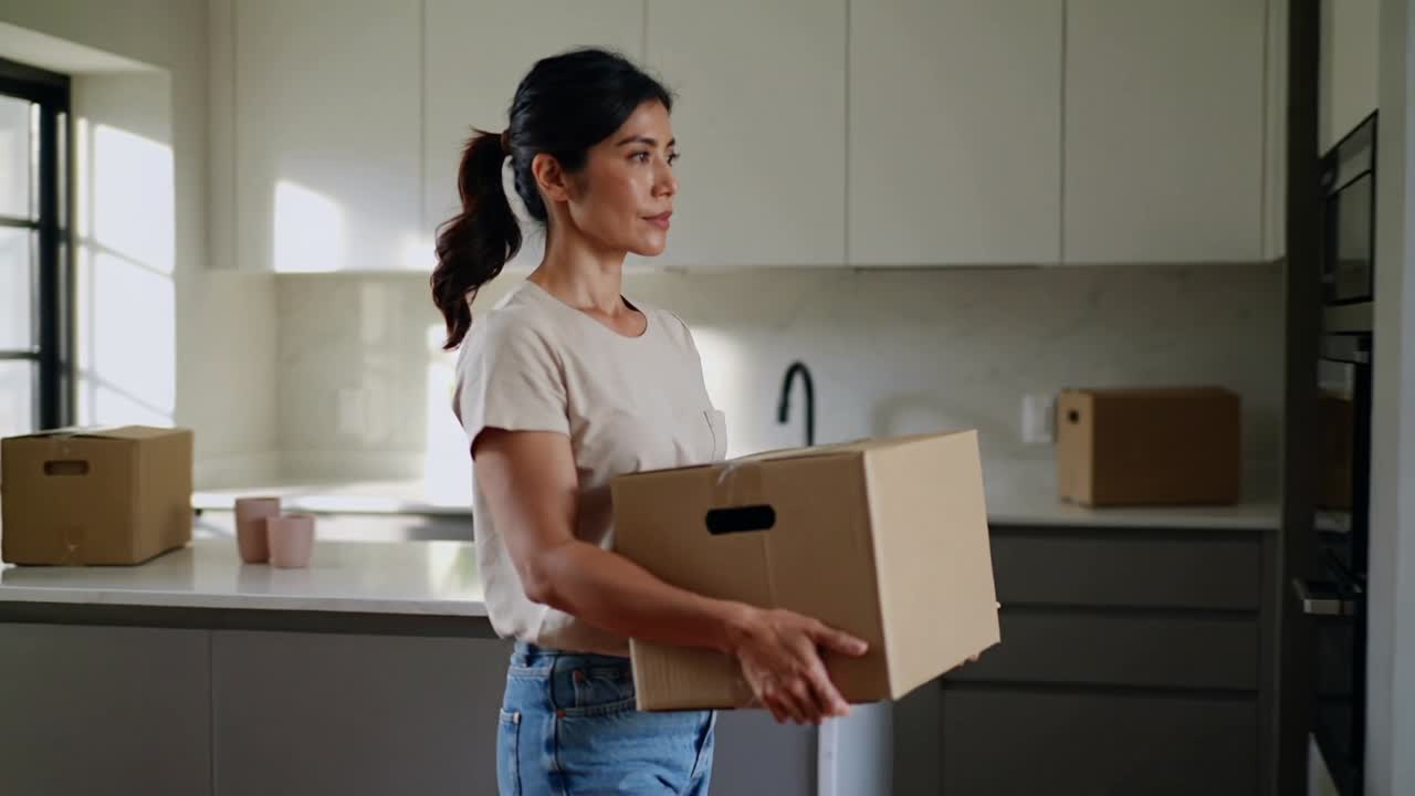 Picking up moving box, woman wearing beige tee jeans walking across kitchen toward door, relocating