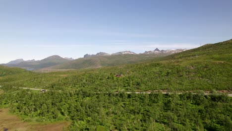 Landschaft-Droneshot-Fliegt-über-Wald-In-Nordnorwegen-Mit-Bergen-Im-Hintergrund