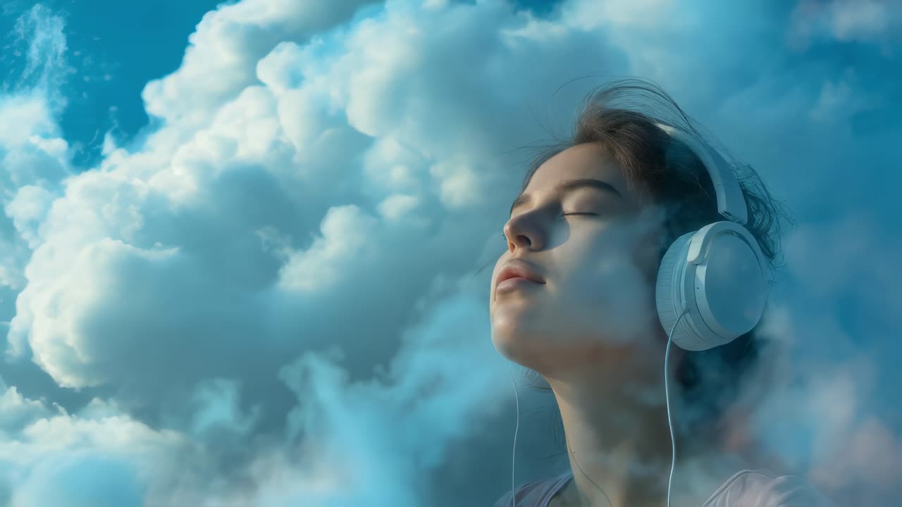 Woman Listening to Music in the Clouds