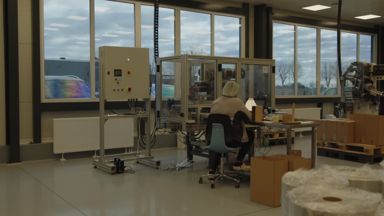A panorama of a modern aluminum lids factory with workers and working machinery