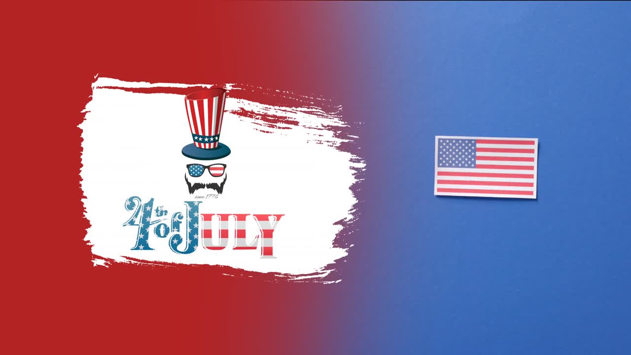 7월 4일의 애니메이션: 미국 국기 위에 있는 텍스트와  모자