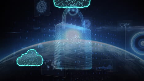 animation of clouds, padlock, letters, symbols, text and numbers over globe against space