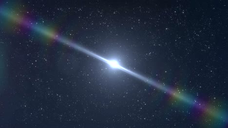 mancha azul brillante de luz brillante y destello de lente del arco iris en el cielo nocturno