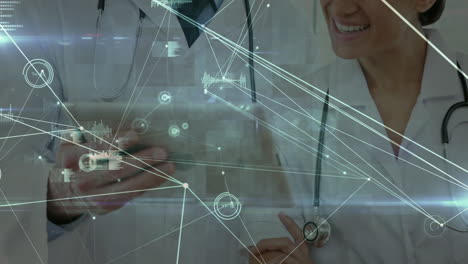 animation of data processing and network of connections over diverse doctors using tablet