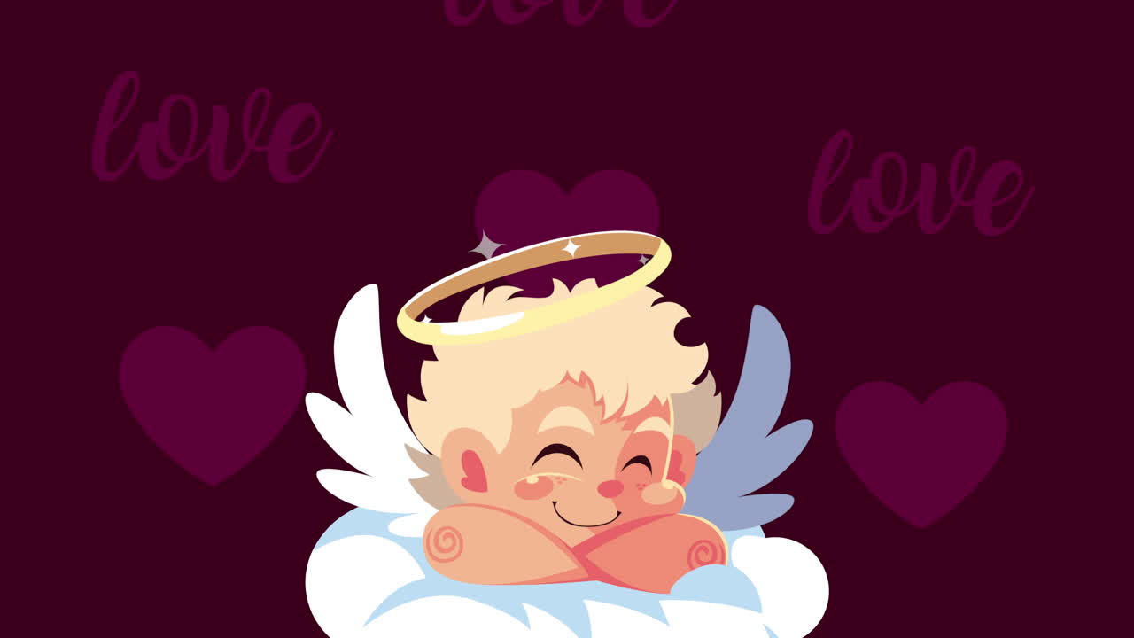 felicità per il giorno di san valentino con l'angelo cupido in nuvola e modello di cuori